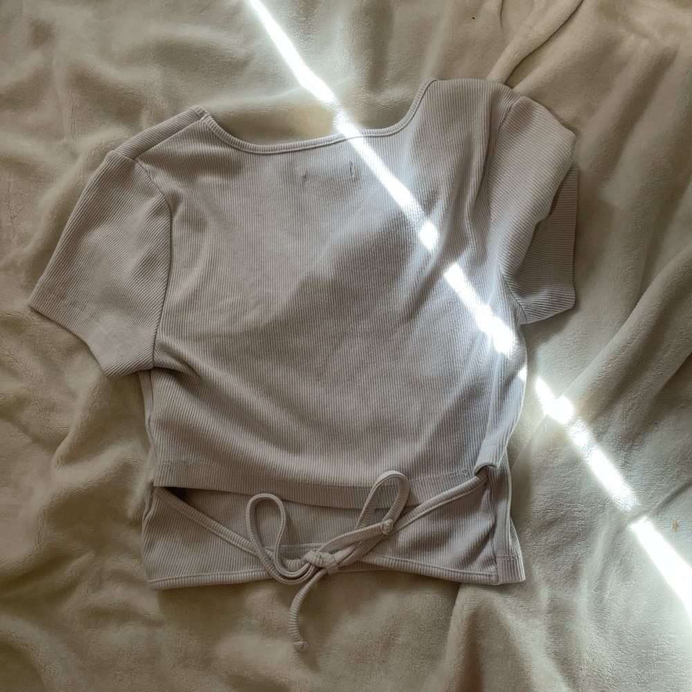 white Ribbed Top with Drawstring - Picture 2 of 4